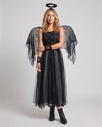 Women's black lace dark angel Halloween costume with lace-up studded bodice, tulle skirt, lace wings and halo