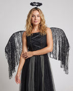 Women's black lace dark angel Halloween costume with lace-up studded bodice, tulle skirt, lace wings and halo - view 2