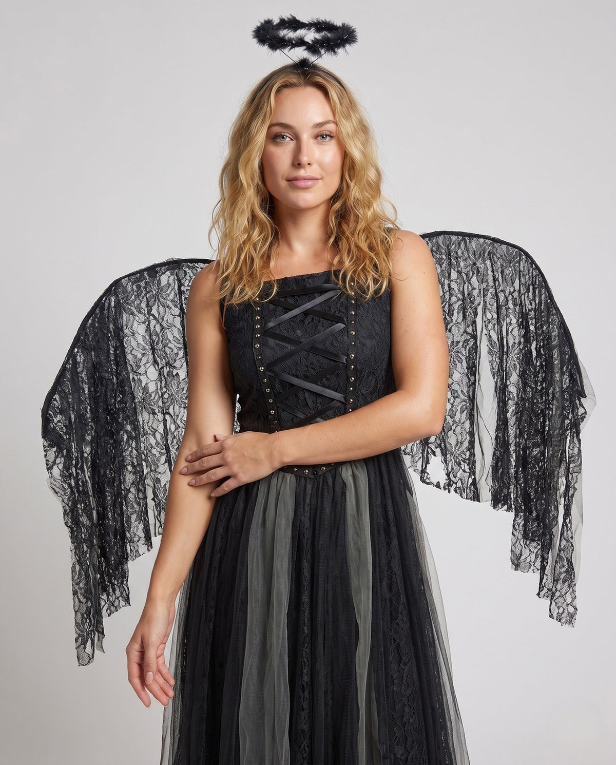 Women's black lace dark angel Halloween costume with lace-up studded bodice, tulle skirt, lace wings and halo - view 2