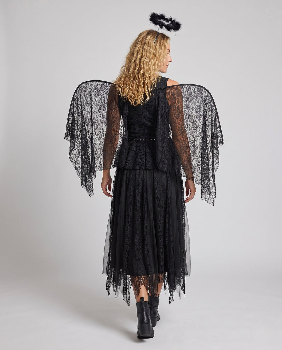 Women's black lace dark angel Halloween costume with lace-up studded bodice, tulle skirt, lace wings and halo - view 4