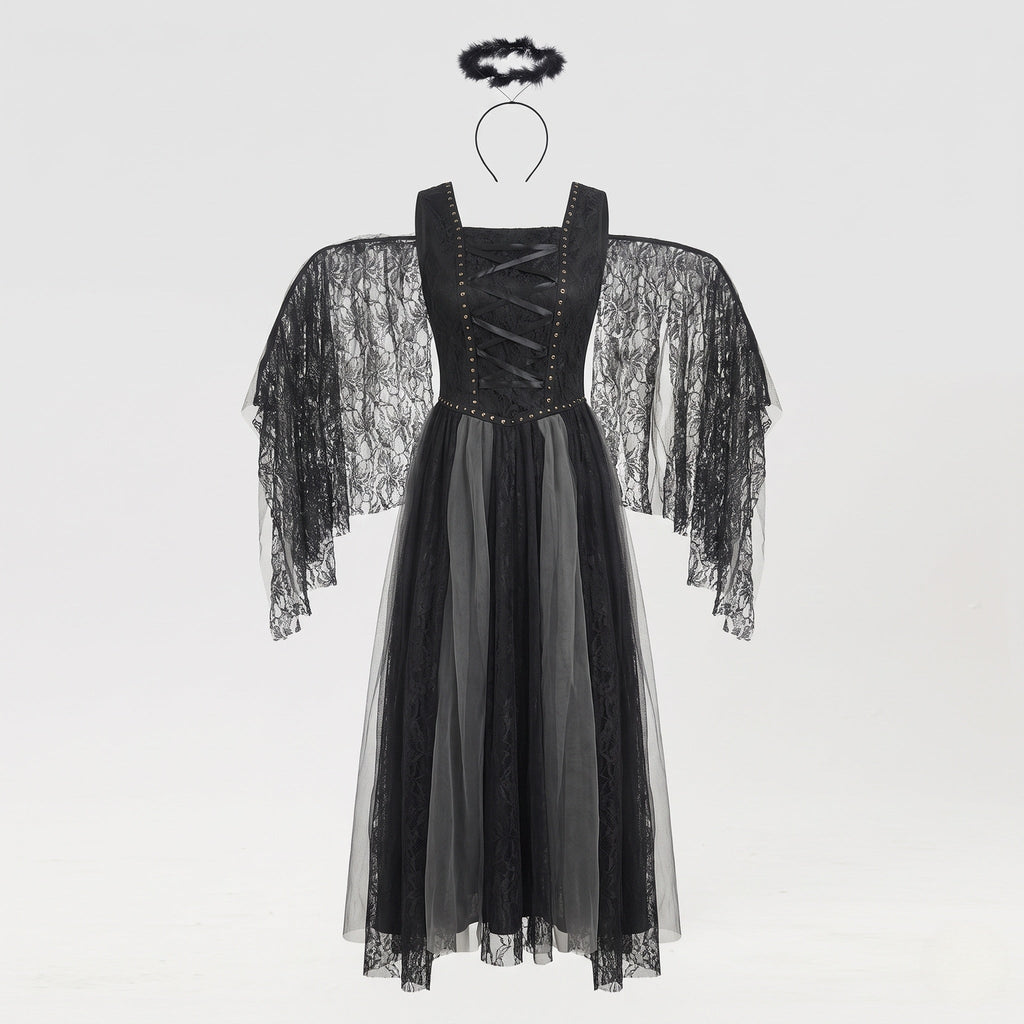 Women's black lace dark angel Halloween costume with lace-up studded bodice, tulle skirt, lace wings and halo - view 5