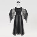 Women's black lace dark angel Halloween costume with lace-up studded bodice, tulle skirt, lace wings and halo - view 5