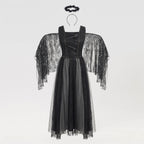 Women's black lace dark angel Halloween costume with lace-up studded bodice, tulle skirt, lace wings and halo - view 5