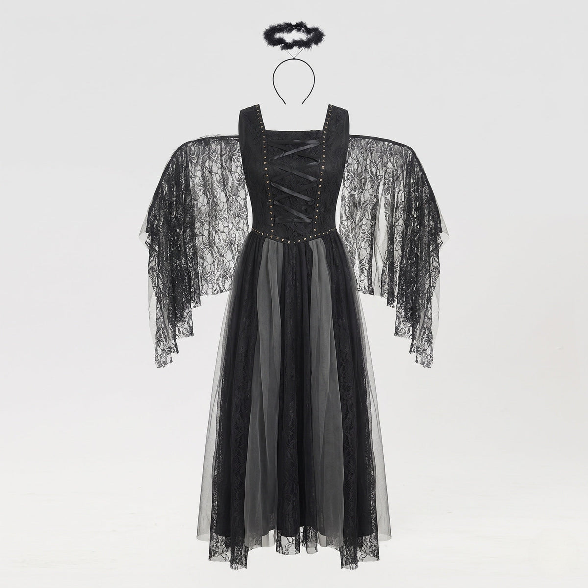 Women's black lace dark angel Halloween costume with lace-up studded bodice, tulle skirt, lace wings and halo - view 5