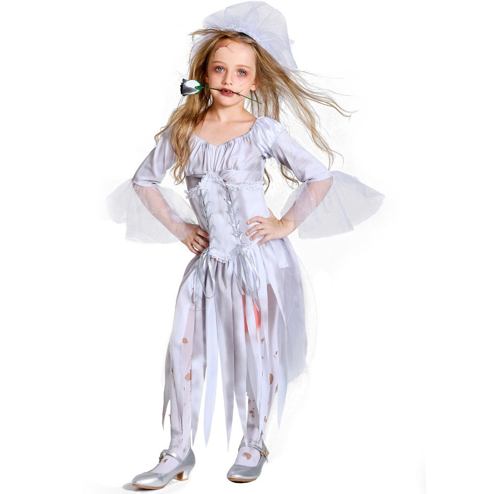Women's ghost bride Halloween costume dress with lace-up bodice, tulle flared sleeves and tattered hem