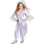 Women's ghost bride Halloween costume dress with lace-up bodice, tulle flared sleeves and tattered hem