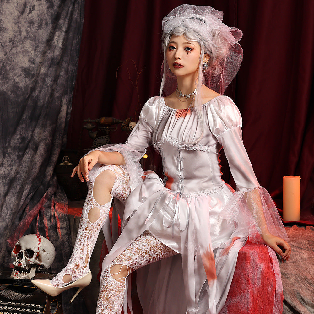 Women's ghost bride Halloween costume dress with lace-up bodice, tulle flared sleeves and tattered hem - view 2