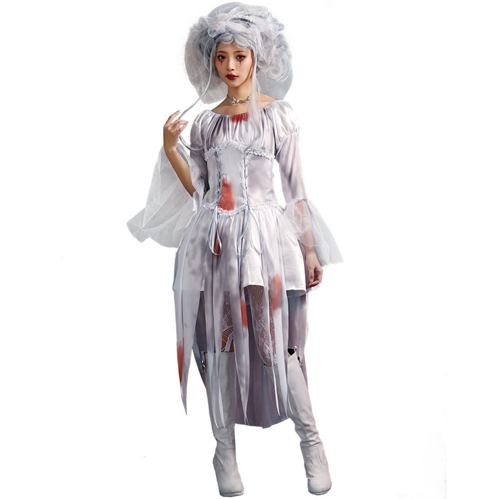 Women's ghost bride Halloween costume dress with lace-up bodice, tulle flared sleeves and tattered hem - view 3