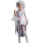 Women's ghost bride Halloween costume dress with lace-up bodice, tulle flared sleeves and tattered hem - view 3