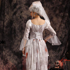 Women's ghost bride Halloween costume dress with lace-up bodice, tulle flared sleeves and tattered hem - view 4