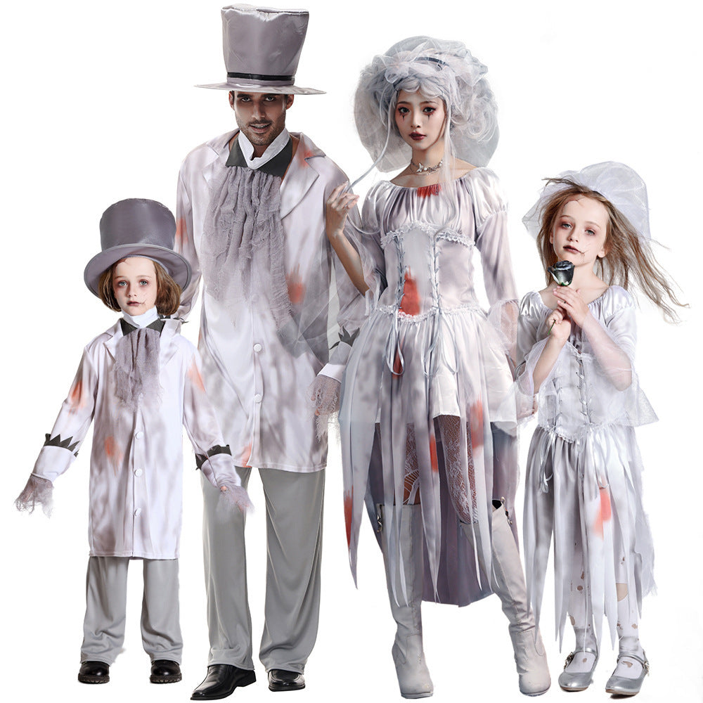 Women's ghost bride Halloween costume dress with lace-up bodice, tulle flared sleeves and tattered hem - view 5
