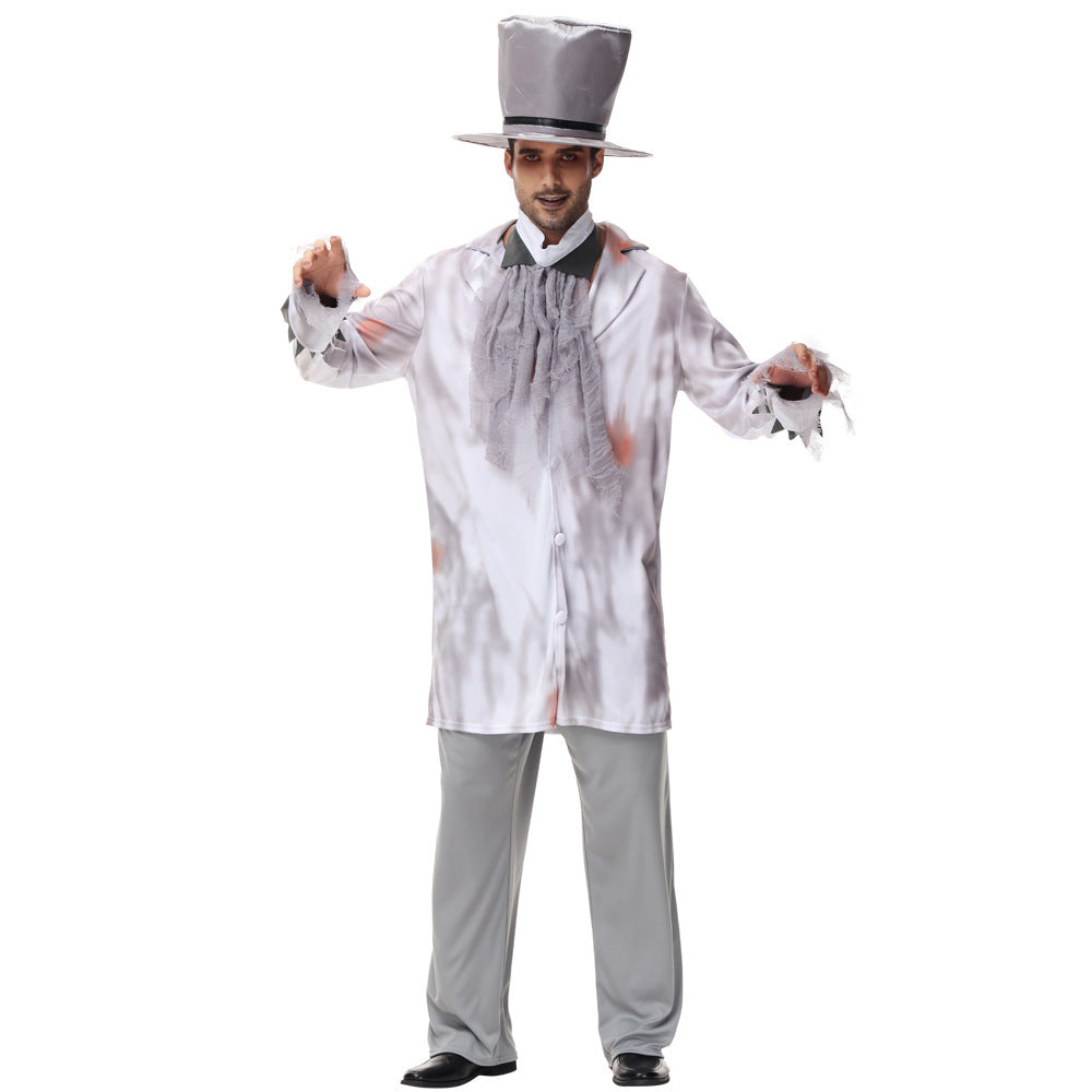 Women's ghost bride Halloween costume dress with lace-up bodice, tulle flared sleeves and tattered hem - view 7