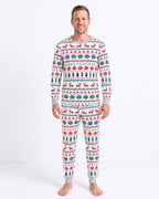 Matching family Christmas pajamas with red and green reindeer and snowflake print and gray ribbed cuffs - view 12