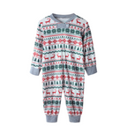 Matching family Christmas pajamas with red and green reindeer and snowflake print and gray ribbed cuffs - view 13
