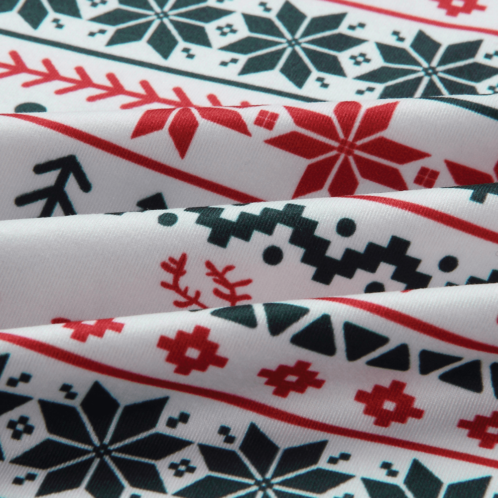 Matching family Christmas pajamas with red and green reindeer and snowflake print and gray ribbed cuffs - view 14