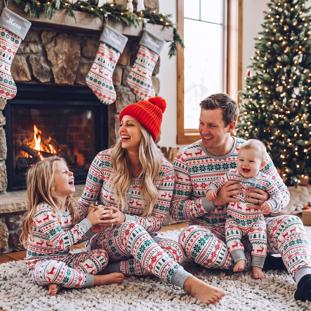 Matching family Christmas pajamas with red and green reindeer and snowflake print and gray ribbed cuffs - view 3