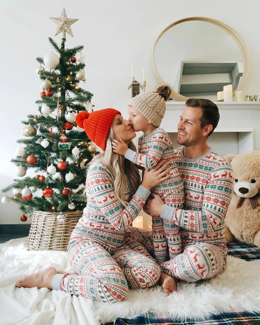 Matching family Christmas pajamas with red and green reindeer and snowflake print and gray ribbed cuffs - view 4