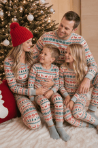 Matching family Christmas pajamas with red and green reindeer and snowflake print and gray ribbed cuffs - view 5