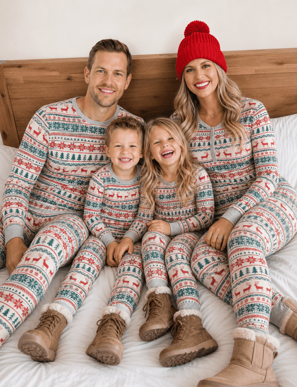 Matching family Christmas pajamas with red and green reindeer and snowflake print and gray ribbed cuffs - view 6