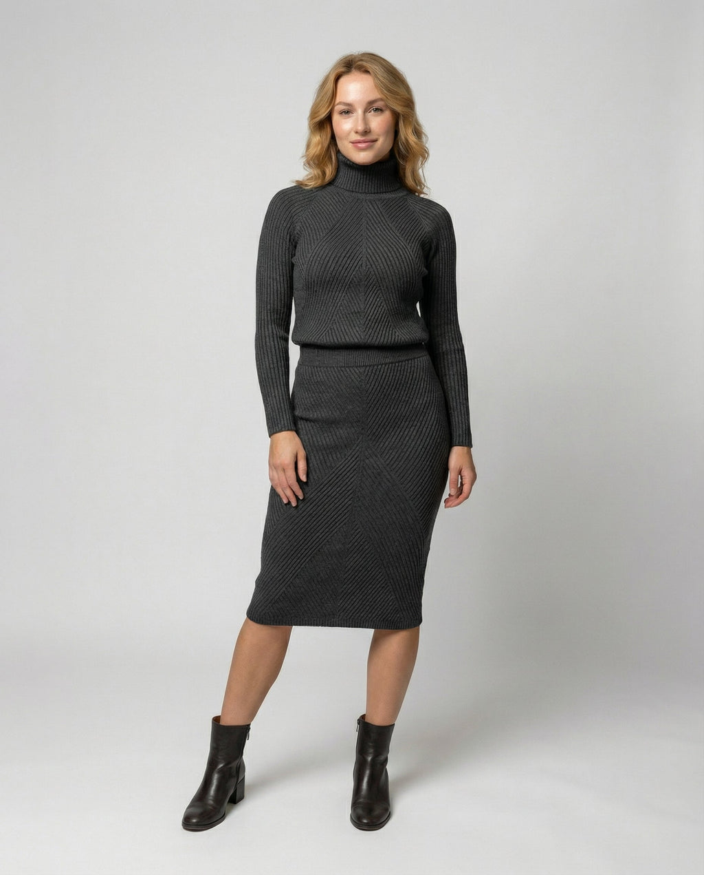 Ribbed turtleneck sweater dress with chevron knit front and midi pencil skirt