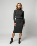 Ribbed turtleneck sweater dress with chevron knit front and midi pencil skirt