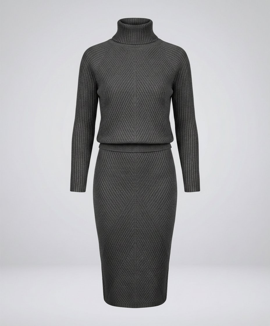 Ribbed turtleneck sweater dress with chevron knit front and midi pencil skirt - view 2