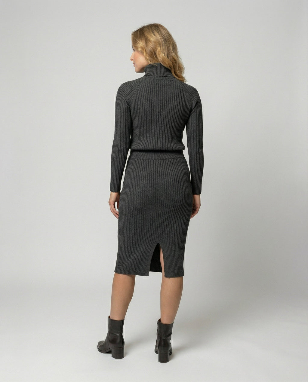 Ribbed turtleneck sweater dress with chevron knit front and midi pencil skirt - view 3