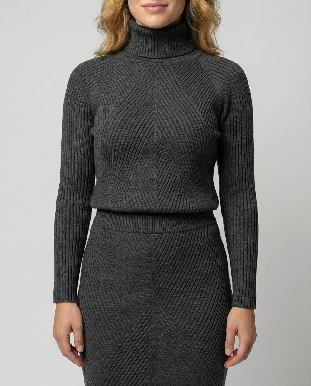 Ribbed turtleneck sweater dress with chevron knit front and midi pencil skirt - view 4
