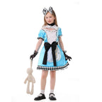 Girls sky-blue storybook Halloween costume dress with white lace apron, black bow and harlequin hem