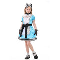 Girls sky-blue storybook Halloween costume dress with white lace apron, black bow and harlequin hem - view 2