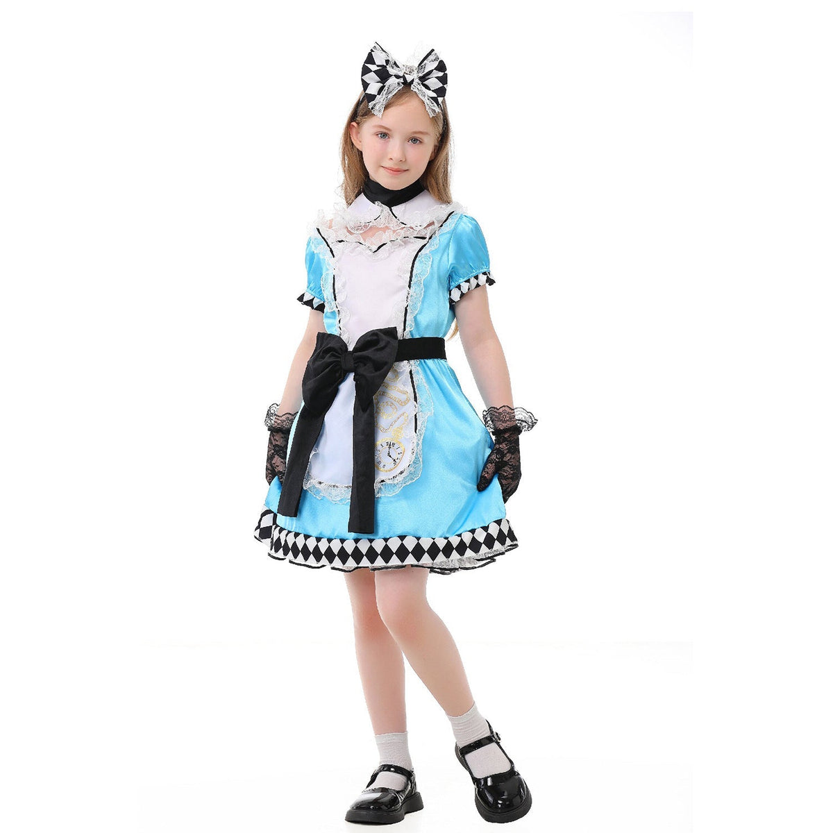 Girls sky-blue storybook Halloween costume dress with white lace apron, black bow and harlequin hem - view 2