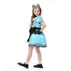 Girls sky-blue storybook Halloween costume dress with white lace apron, black bow and harlequin hem - view 3