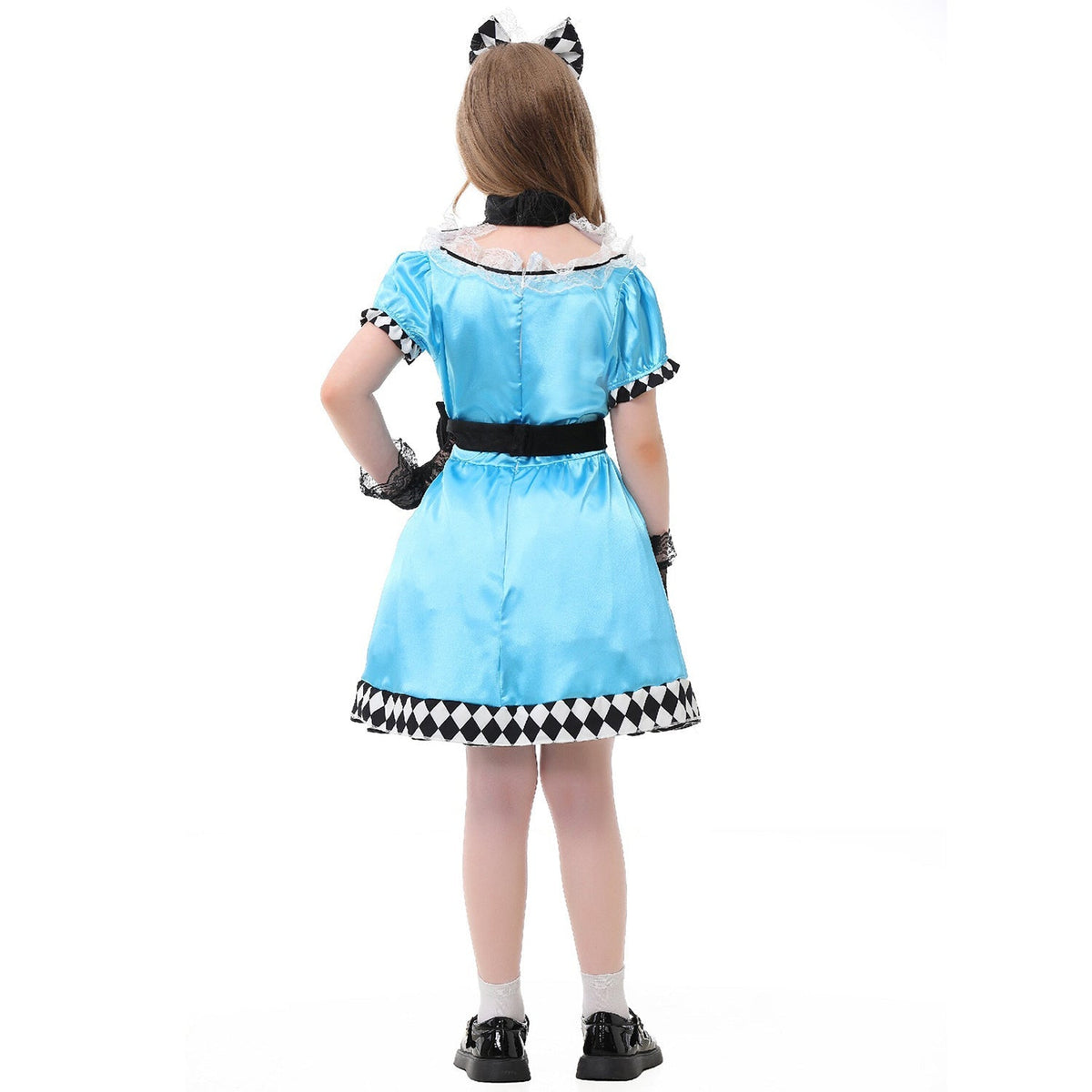 Girls sky-blue storybook Halloween costume dress with white lace apron, black bow and harlequin hem - view 4