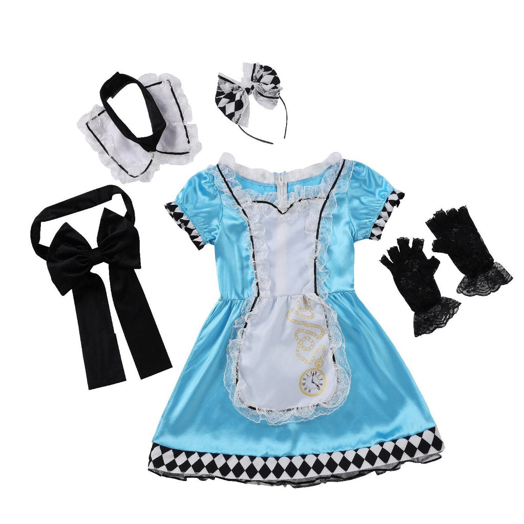 Girls sky-blue storybook Halloween costume dress with white lace apron, black bow and harlequin hem - view 5