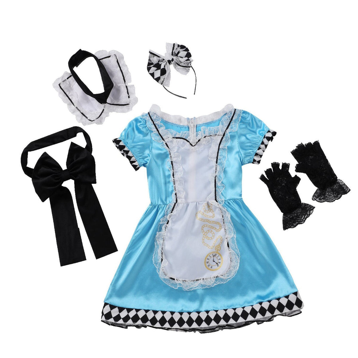 Girls sky-blue storybook Halloween costume dress with white lace apron, black bow and harlequin hem - view 5