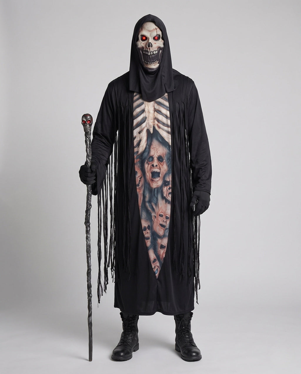 Men's black hooded skeleton Halloween costume robe with ribcage print and fringe