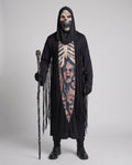 Men's black hooded skeleton Halloween costume robe with ribcage print and fringe