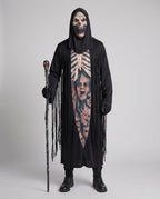 Men's black hooded skeleton Halloween costume robe with ribcage print and fringe