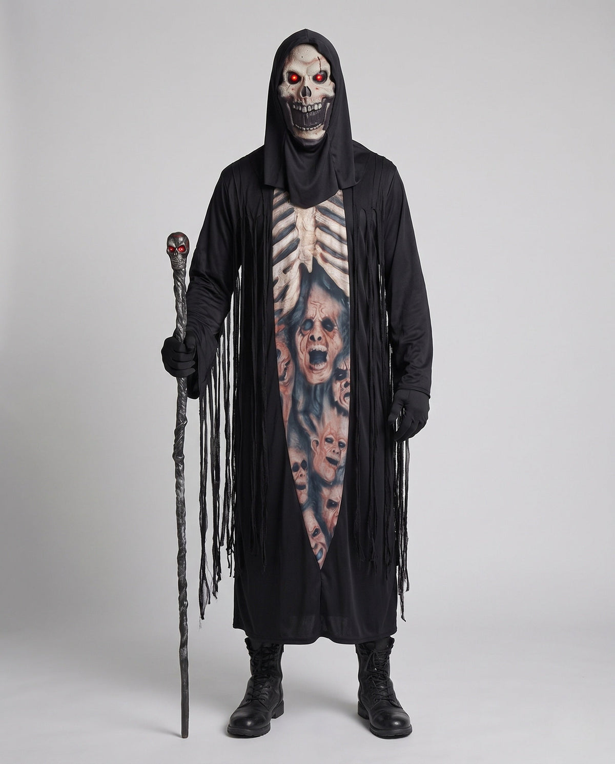 Men's black hooded skeleton Halloween costume robe with ribcage print and fringe