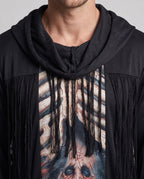 Men's black hooded skeleton Halloween costume robe with ribcage print and fringe - view 2