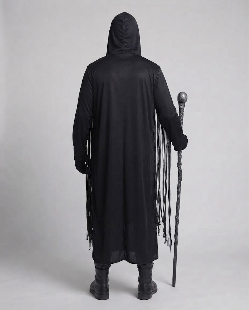 Men's black hooded skeleton Halloween costume robe with ribcage print and fringe - view 3