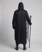 Men's black hooded skeleton Halloween costume robe with ribcage print and fringe - view 3