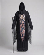 Men's black hooded skeleton Halloween costume robe with ribcage print and fringe - view 4
