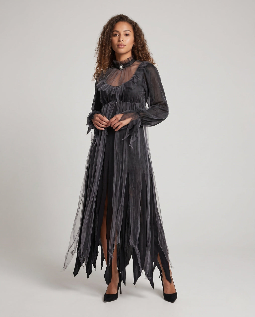 Women's gray layered tulle ghost Halloween costume dress with ruffled high neck and jagged hem