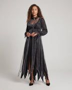 Women's gray layered tulle ghost Halloween costume dress with ruffled high neck and jagged hem
