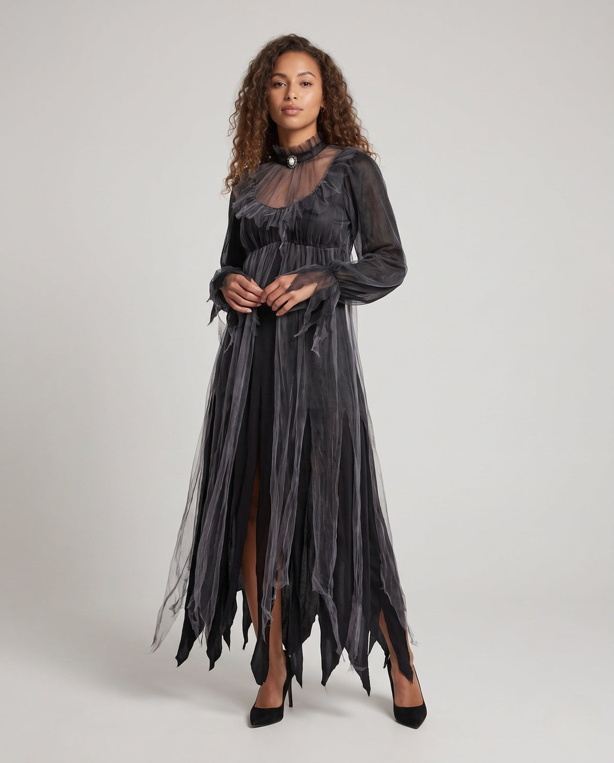 Women's gray layered tulle ghost Halloween costume dress with ruffled high neck and jagged hem