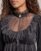 Women's gray layered tulle ghost Halloween costume dress with ruffled high neck and jagged hem - view 2
