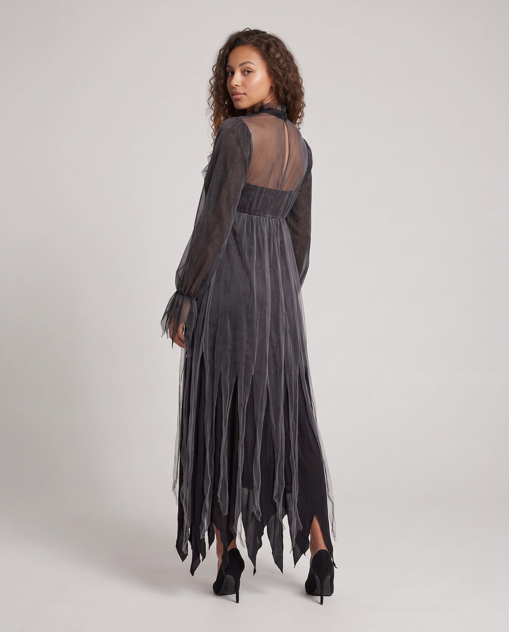 Women's gray layered tulle ghost Halloween costume dress with ruffled high neck and jagged hem - view 3