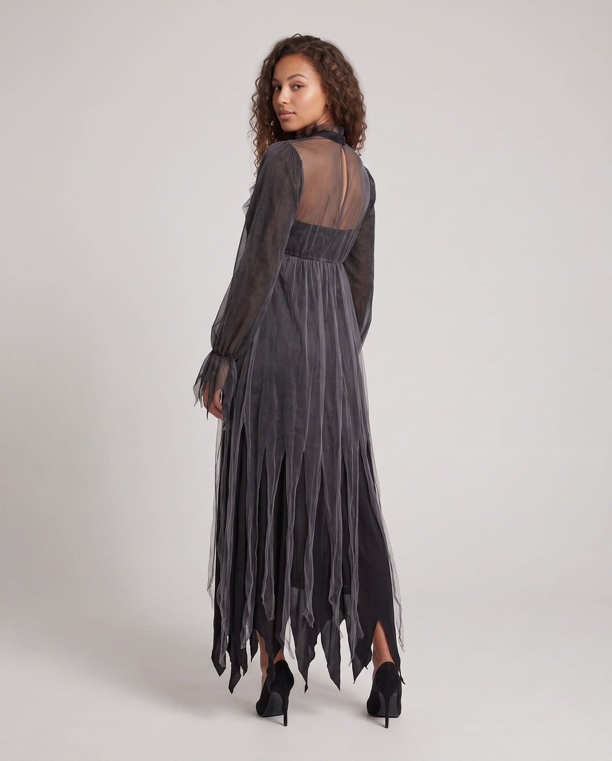 Women's gray layered tulle ghost Halloween costume dress with ruffled high neck and jagged hem - view 3