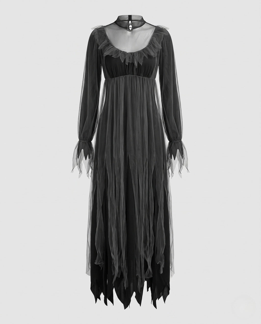 Women's gray layered tulle ghost Halloween costume dress with ruffled high neck and jagged hem - view 4